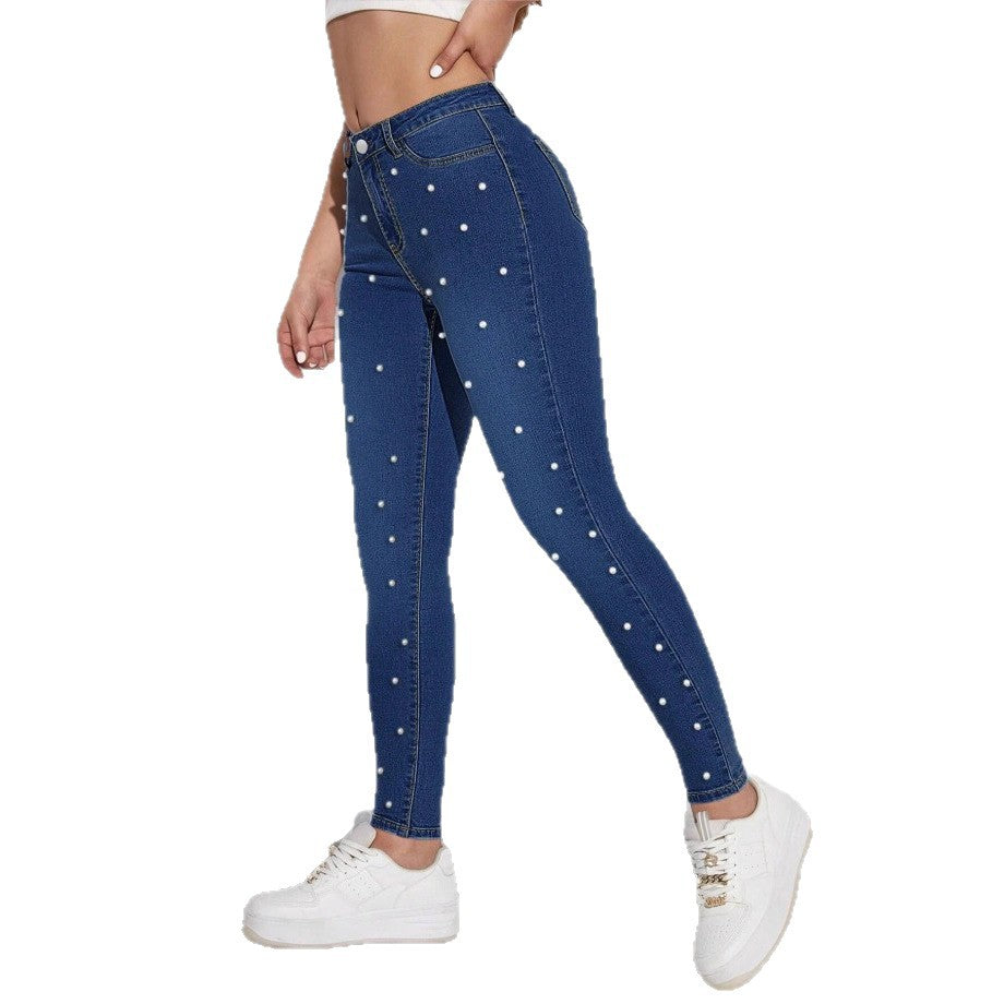Ladies high-waisted skinny jeans with pearl embellishment Chichicherry