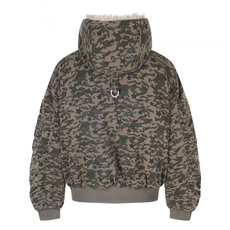 Unisex Oversized Padded Bomber Jacket with Hood and Faux Fur Trim Chichicherry