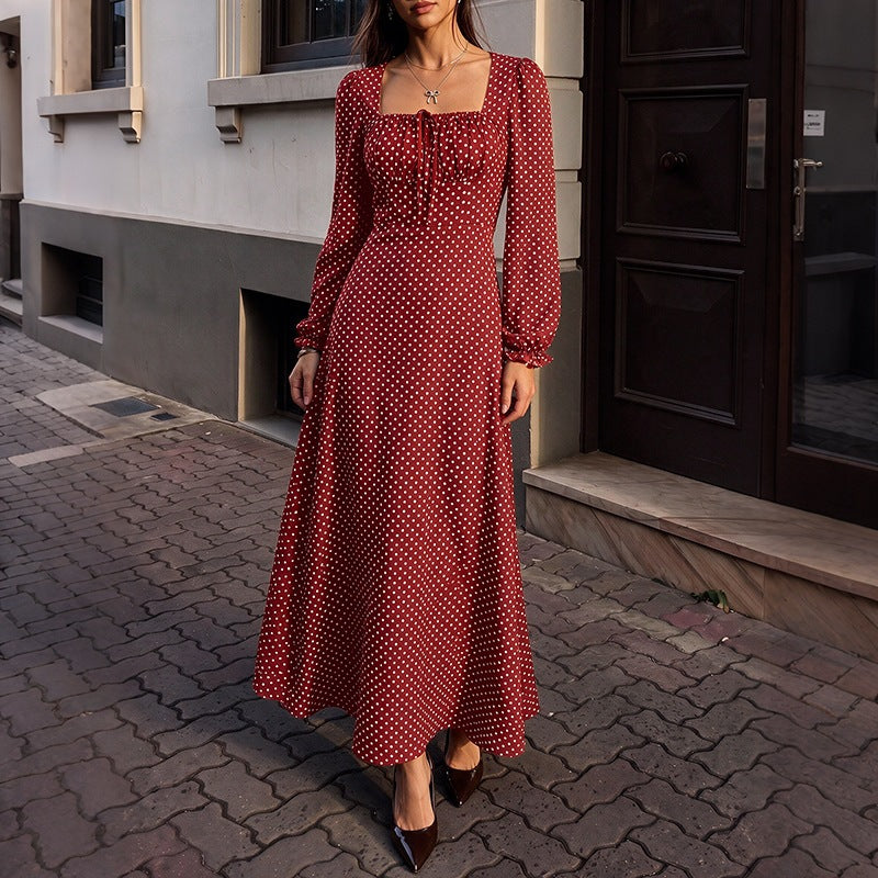 Women’s Retro Maxi Dress with Square Neckline, Ruched Bust Area and Long Sleeves Chichicherry