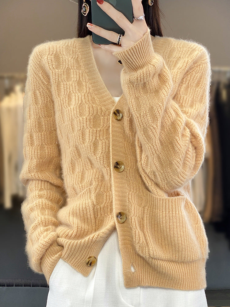 Women's Soft Angora-Look Cable Knit Cardigan with V-Neck and Patch Pockets Chichicherry