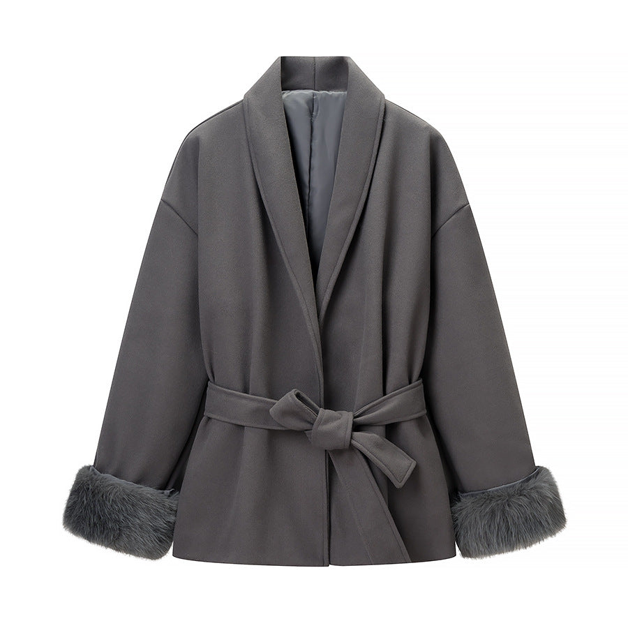 Women’s Wrap Coat with Tie Belt and Fur Trim on the Sleeves Chichicherry