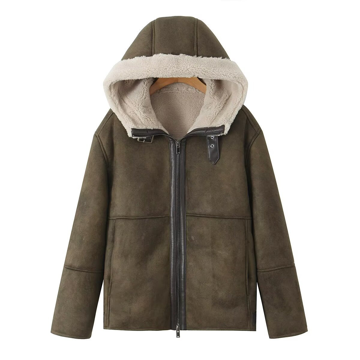 Women's Hooded Lambskin Imitation Bomber Jacket with Teddy Lining and Zip Chichicherry