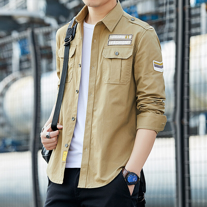 Men's utility shirt with chest flap pockets, shoulder patches, and embroidered patches Chichicherry