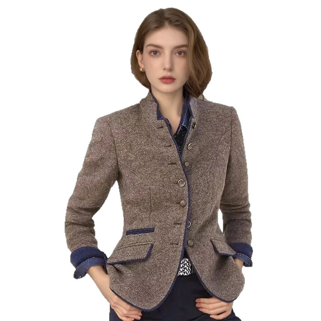 Women's Short Blazer with Stand Collar and Velvet Trim Chichicherry