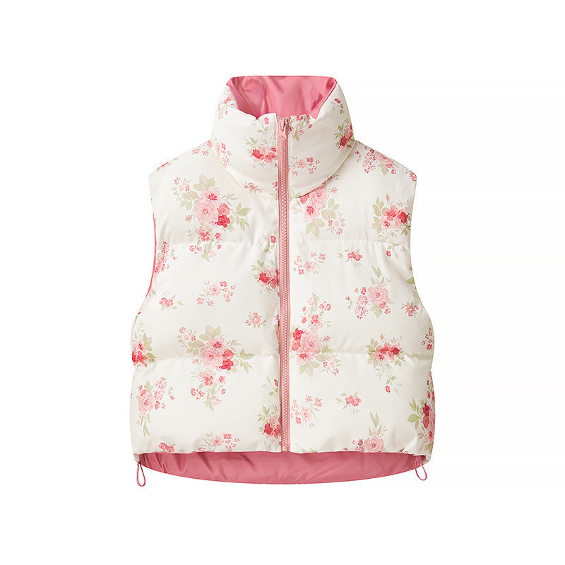 Women's Quilted Short Vest with Stand-Up Collar, Patchwork Bandana Print and Drawstring Chichicherry