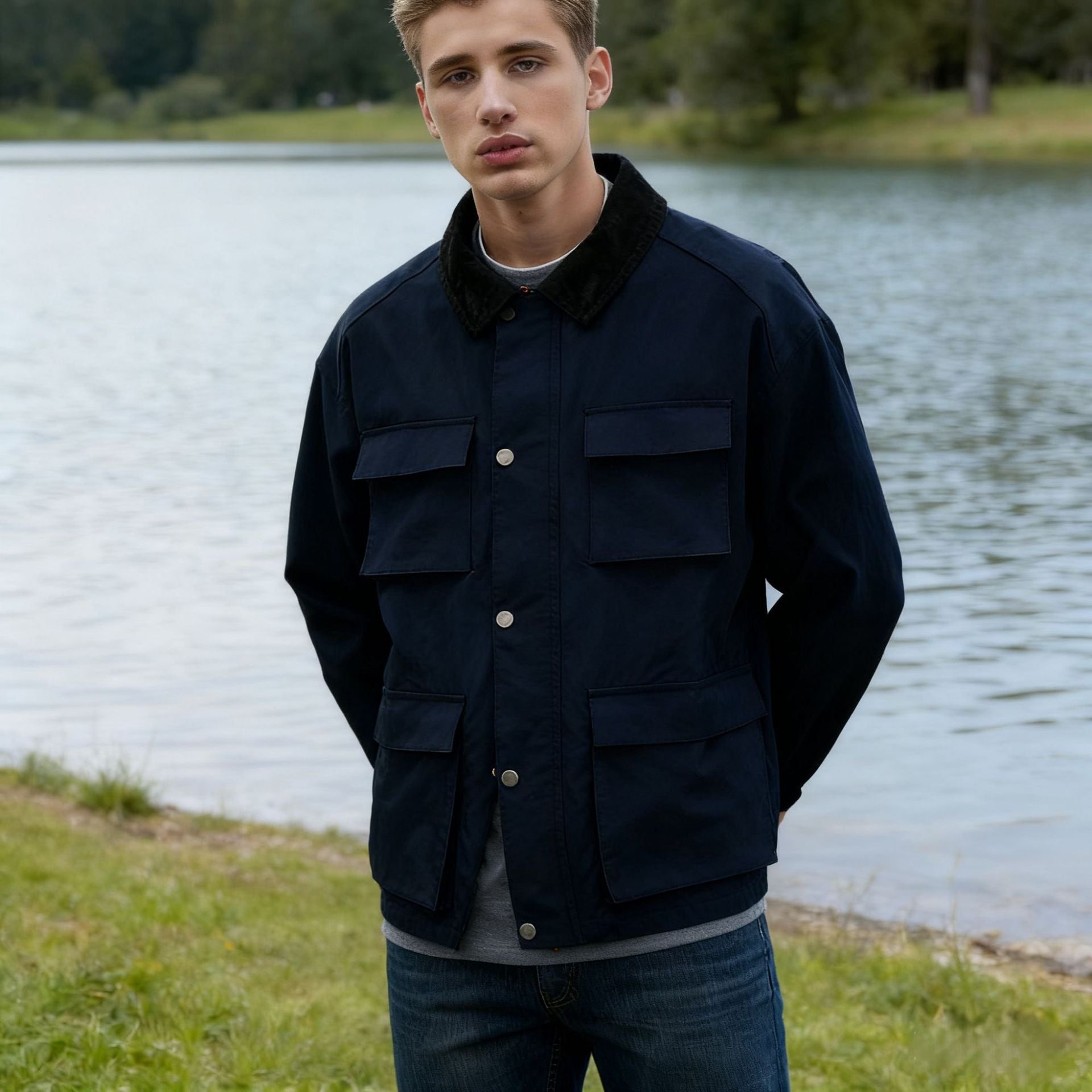 Herren Wachsjacke im Field-Stil mit Cordkragen und Mehrfachtaschen Chichicherry