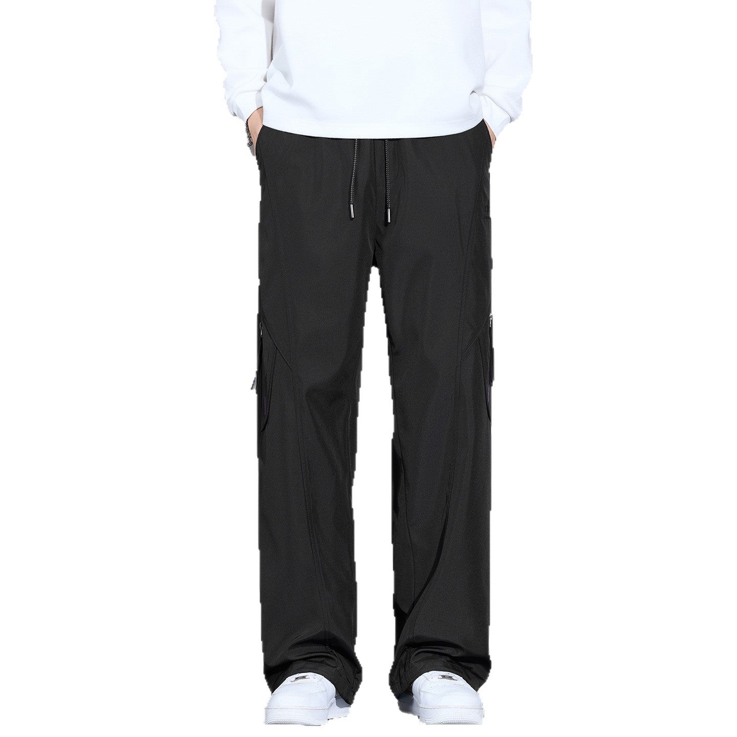 Men's Wide Cargo Pants with Drawstring and Zipper Pockets Chichicherry