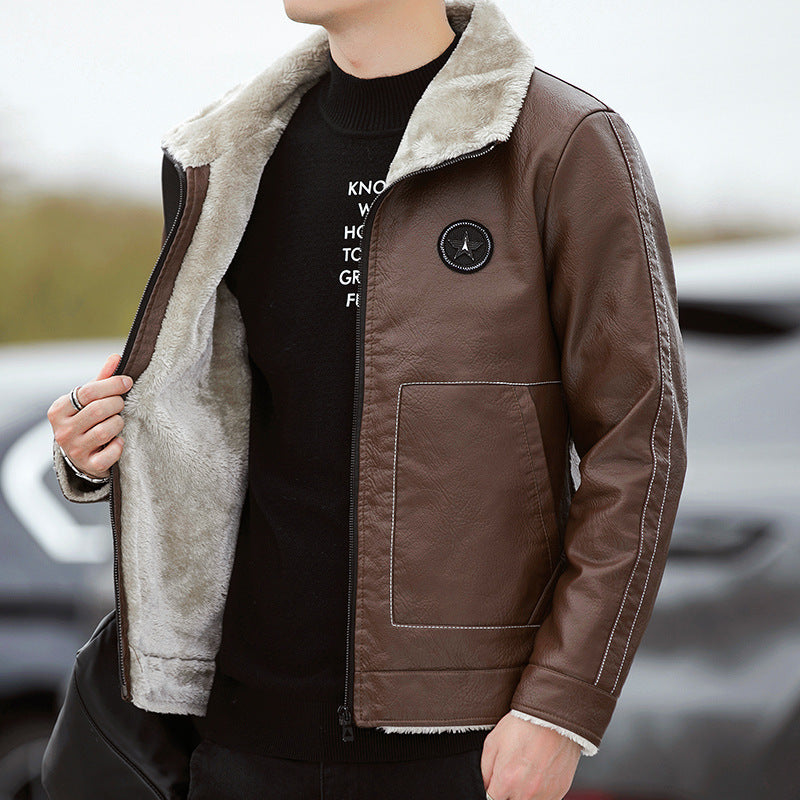 Men's Leather Look Pilot Jacket with Teddy Collar and Decorative Stitching Chichicherry
