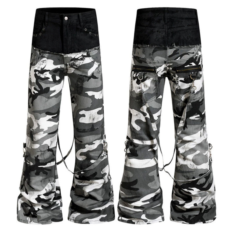 Ladies Wide High-Waist Cargo Pants in Camouflage Look with Bondage Straps Chichicherry