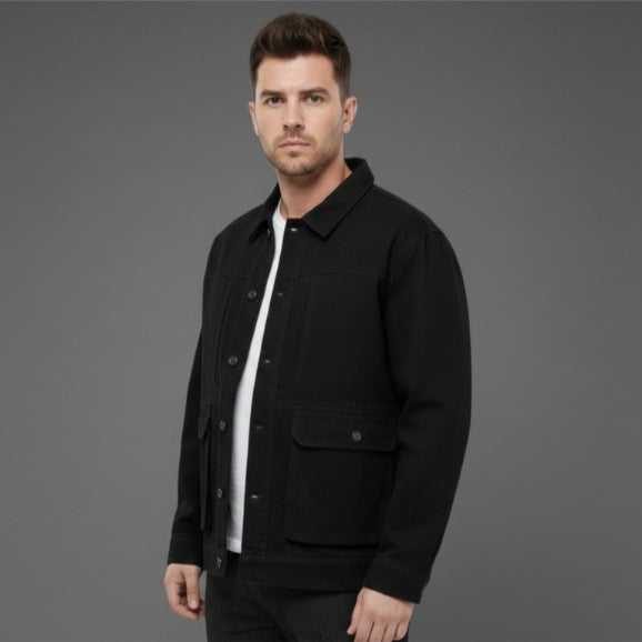 Men's Canvas Utility Overshirt with Large Flap Pockets and Relaxed Fit Chichicherry