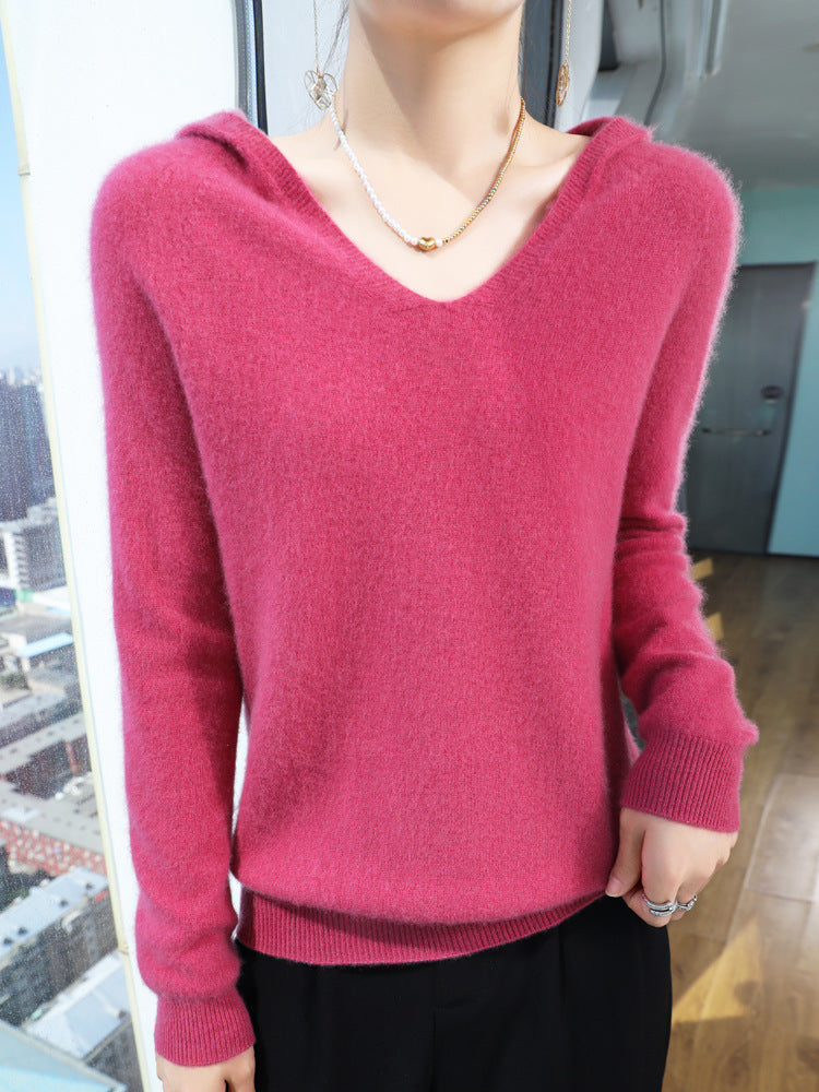 Ladies Plush Hooded Sweater in Angora Look with Fine Ribbed Cuffs Chichicherry