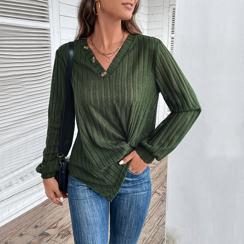 Women Tailored Ribbed Long Sleeve with V-Neck, Button Placket and Twist Knot Chichicherry