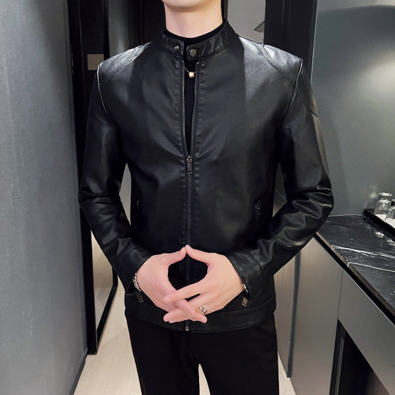 Men's slim faux leather blouson motorcycle-inspired design with short stand-up collar and concealed zipper Chichicherry
