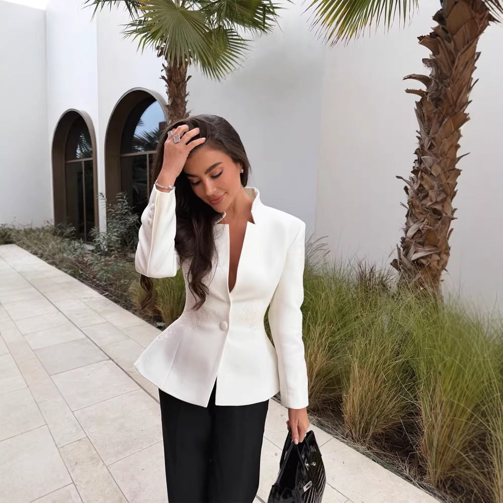 Women Tailored Single-Breasted Blazer with Stand Collar and Deep V-Neck Chichicherry
