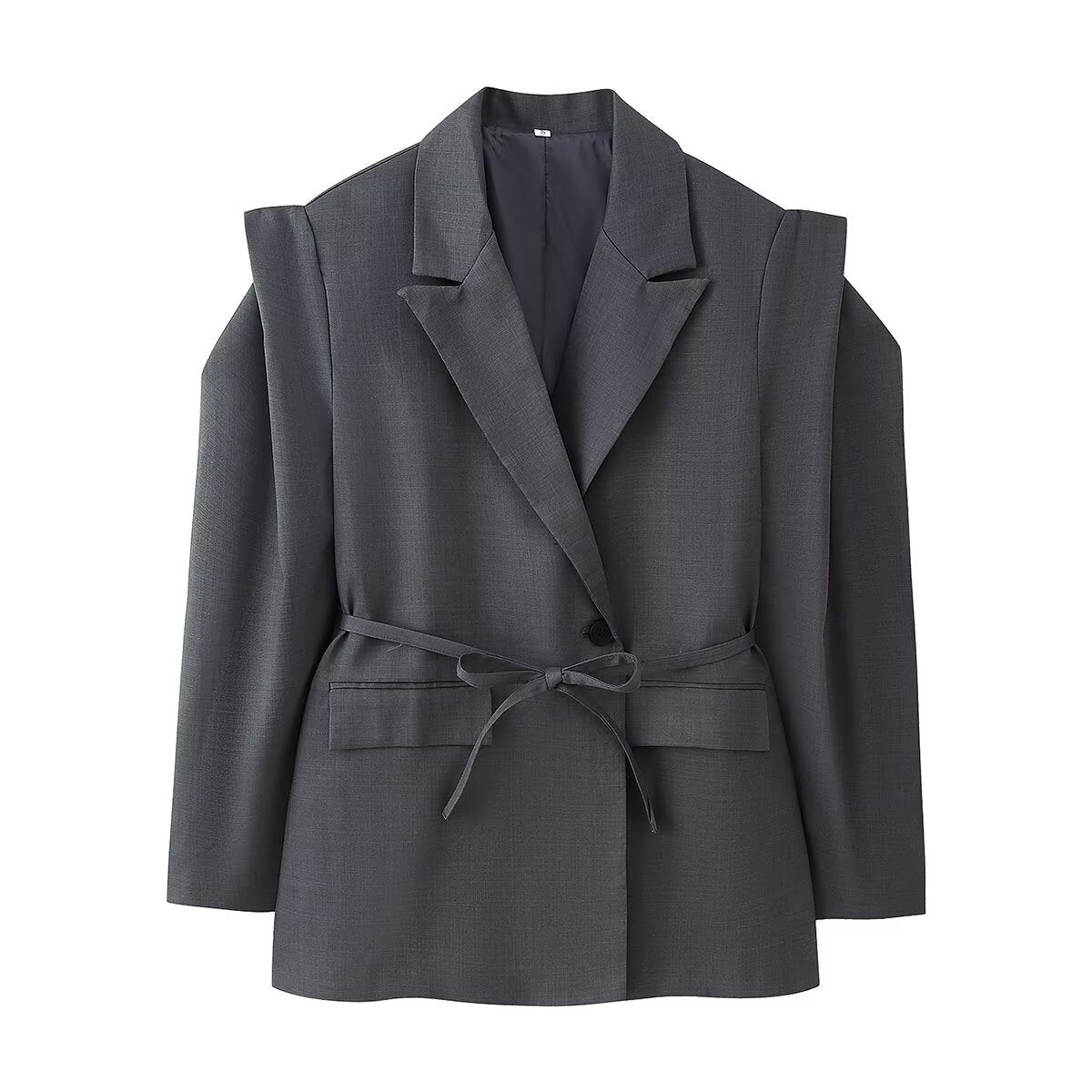 Women's Off-Shoulder Blazer with Waist Belt and Flap Pockets Chichicherry