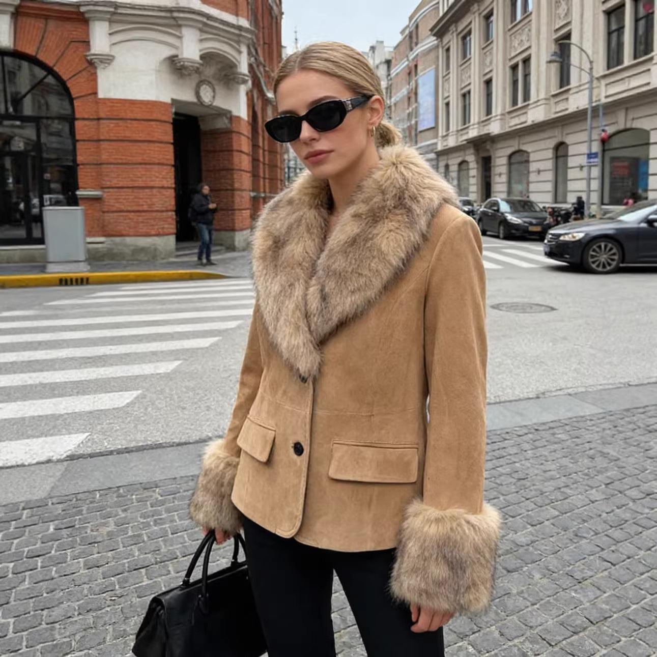 Women's short suede jacket with voluminous fur collar and wide fur cuffs Chichicherry