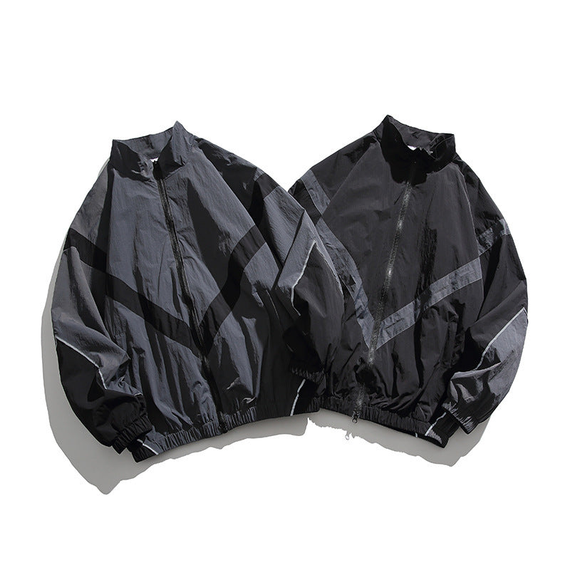 Men's Lightweight Oversize Windbreaker Jacket with Chevron Panels, Stand Collar and Elastic Hem Chichicherry