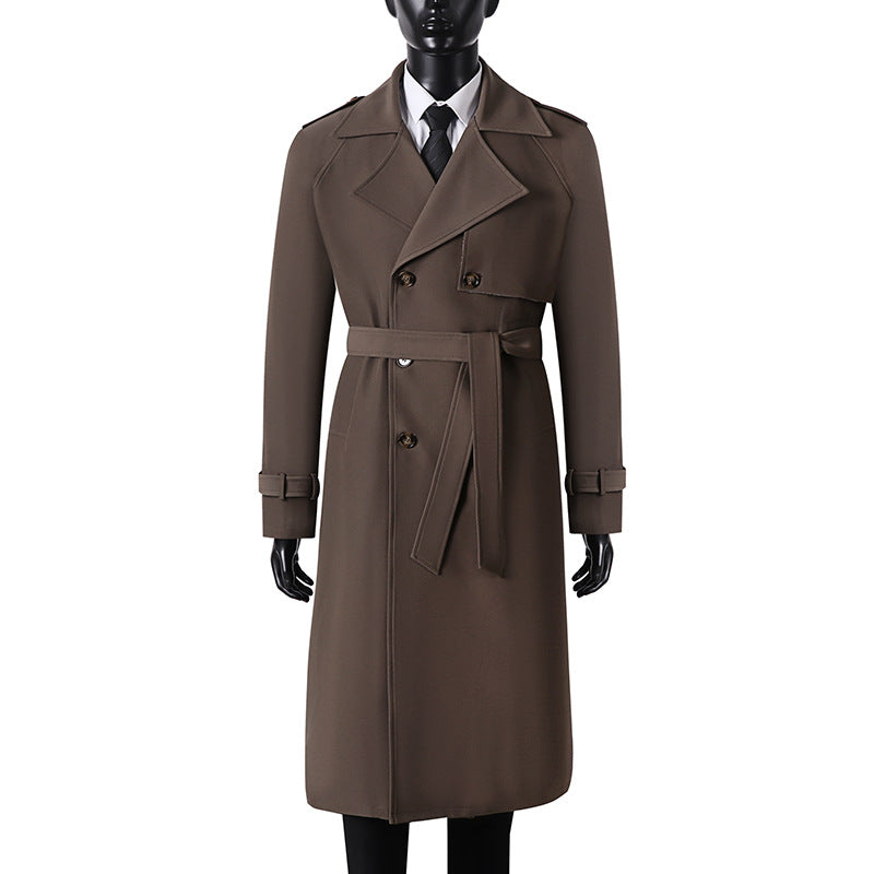 Men's Long Minimalist Trench Coat with Storm Flap, Waist Belt, and Adjustable Cuffs Chichicherry