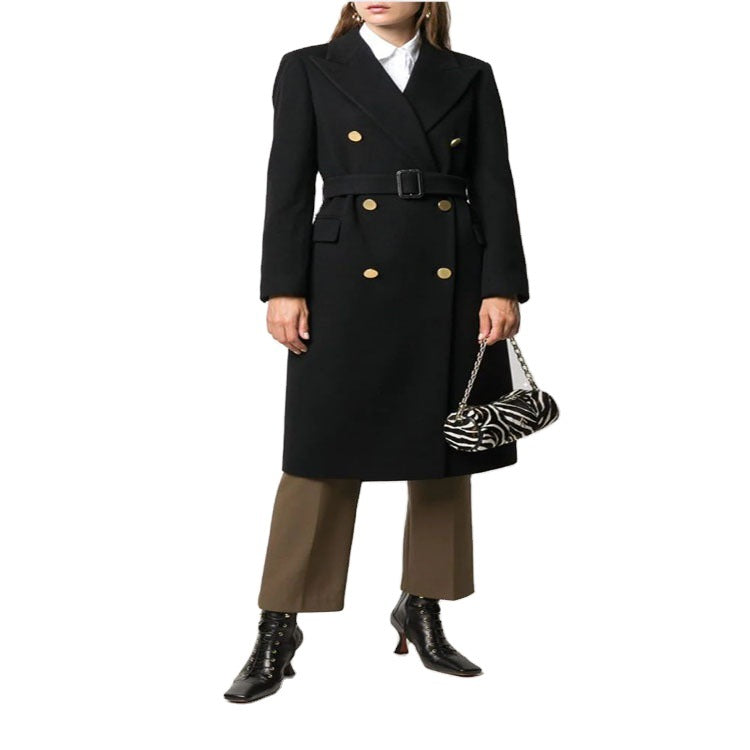 Women's mid-length noble wool blend coat in double-breasted style with contoured waist belt Chichicherry