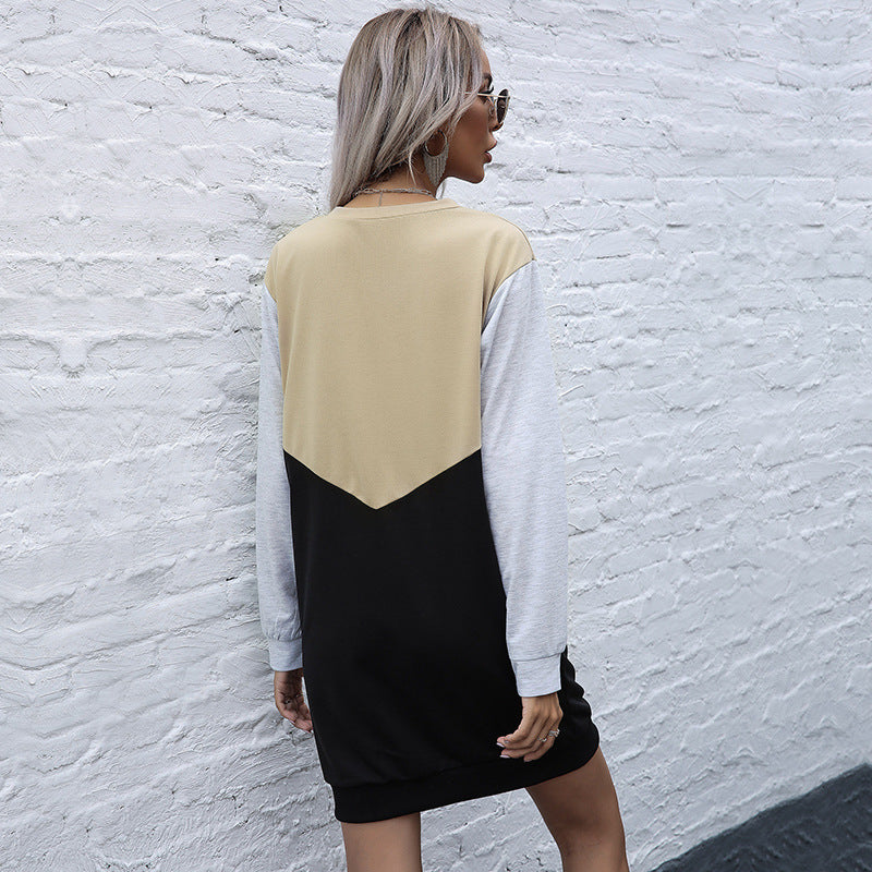 Women's Colorblock Sweatshirt Dress with V-Inset, Long Sleeve and Casual Hem