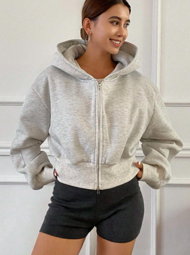 Women's Cropped Hoodie Jacket with Full Zip and Voluminous Raglan Sleeves Chichicherry