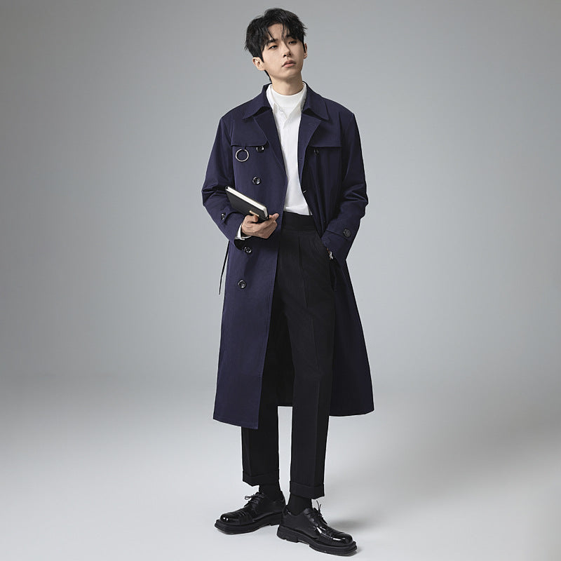 Men's Modern Tech Trench Coat with Double-Breasted Button Placket, Tie Belt and Subtle Ring Details Chichicherry