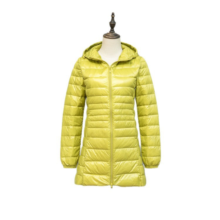 Women's Lightly Quilted Long Jacket with Hood and Slim Silhouette Chichicherry
