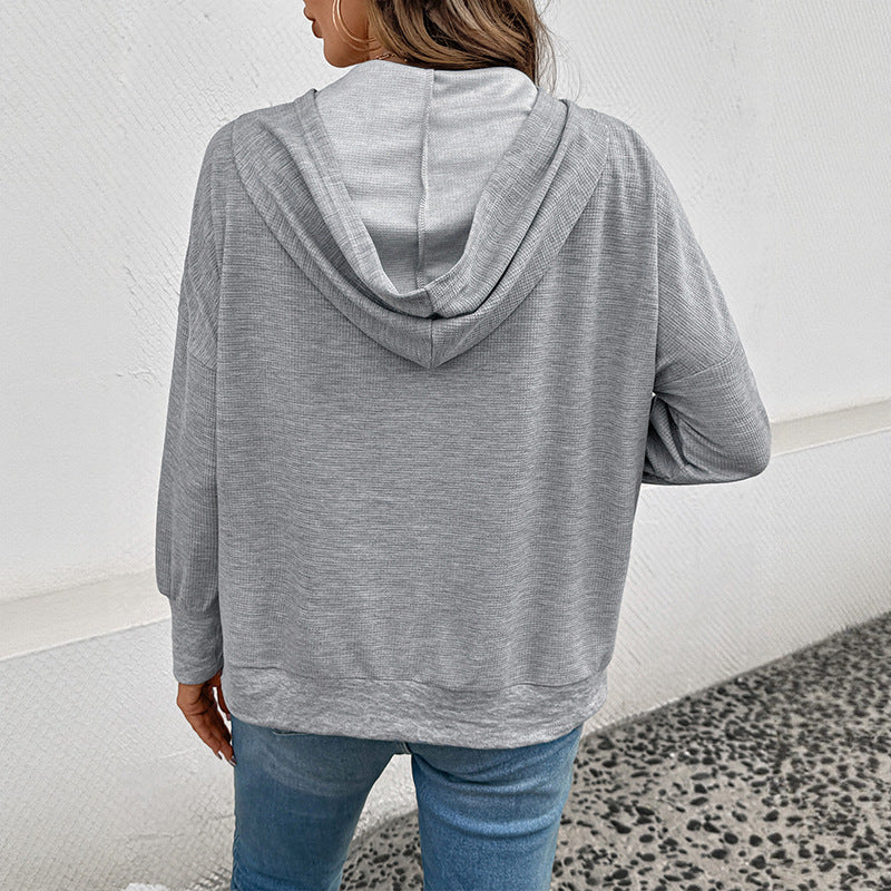 Women's Casual Waffle Hoodie with Henley Button Placket and Kangaroo Pocket Chichicherry