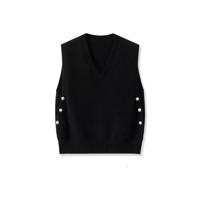 Women Sleeveless Fine Knit Waistcoat with V-Neck and Side Button Placket Chichicherry
