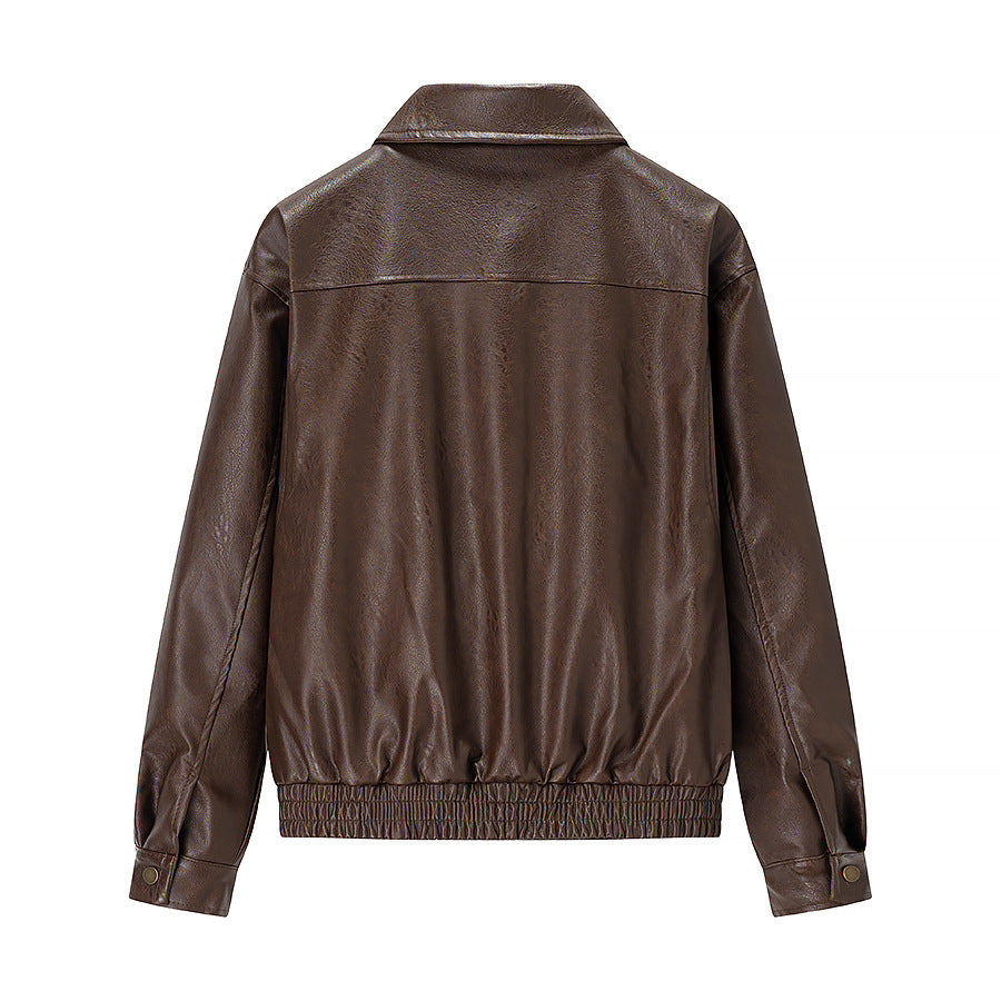Women's Oversized Faux Leather Blouson with Shirt Collar, Flap Pockets and Concealed Zipper Placket Chichicherry