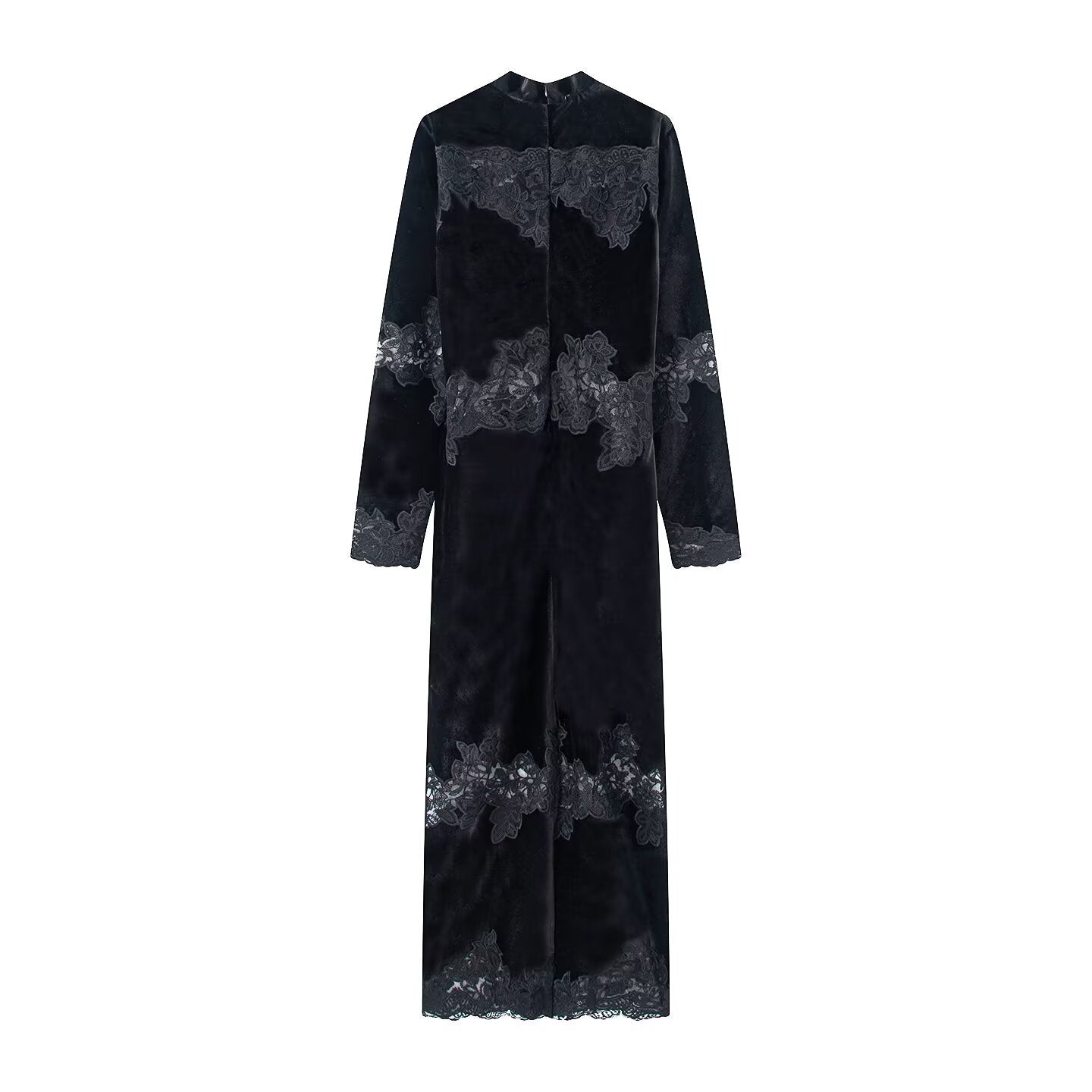 Women Velvet Maxi Dress with Lace Trim, Stand Collar and Long Sleeves Chichicherry