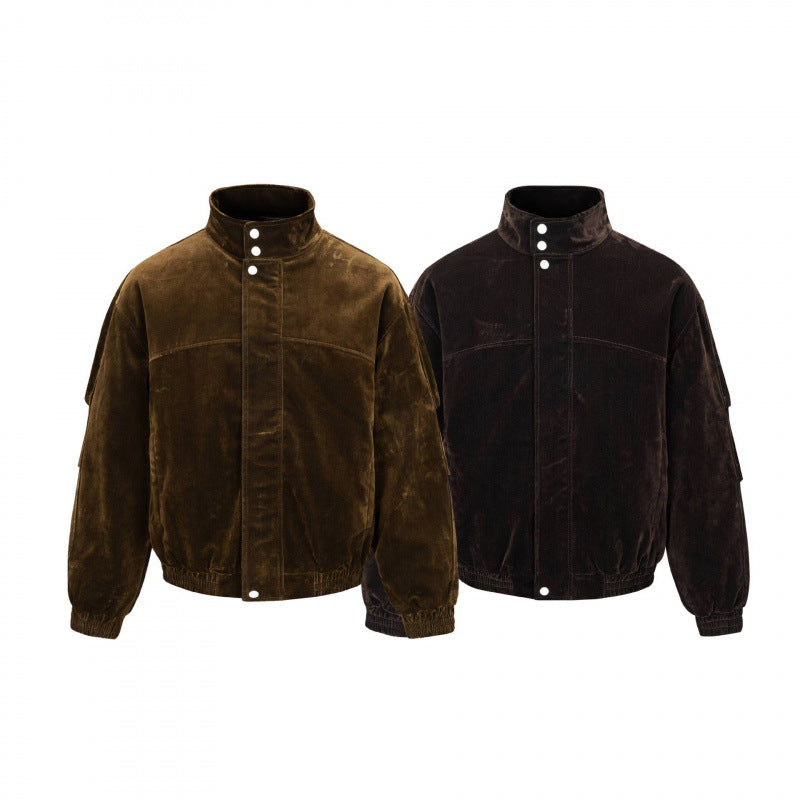Men's velvet bomber jacket with stand collar, concealed snap button placket, and elastic hem Chichicherry