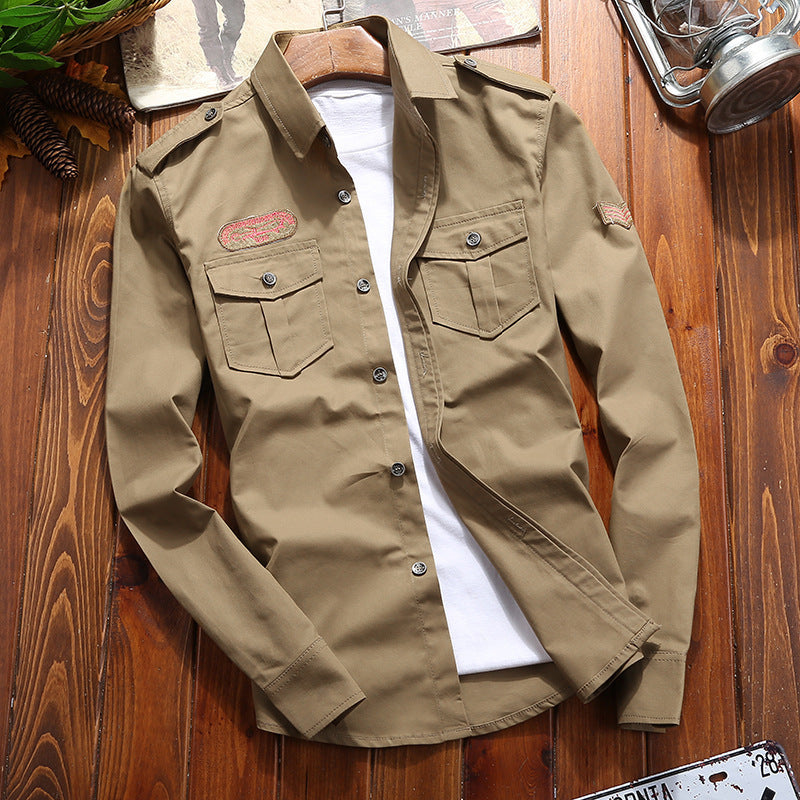 Men's Military-Inspired Utility Shirt Jacket with Epaulettes and Flap Pockets Chichicherry