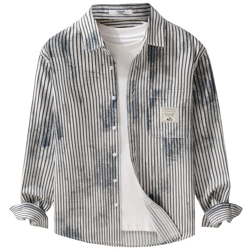 Men's Long Sleeve Shirt in Stripe Relief with Chest Pocket and Light Wash Effect Chichicherry