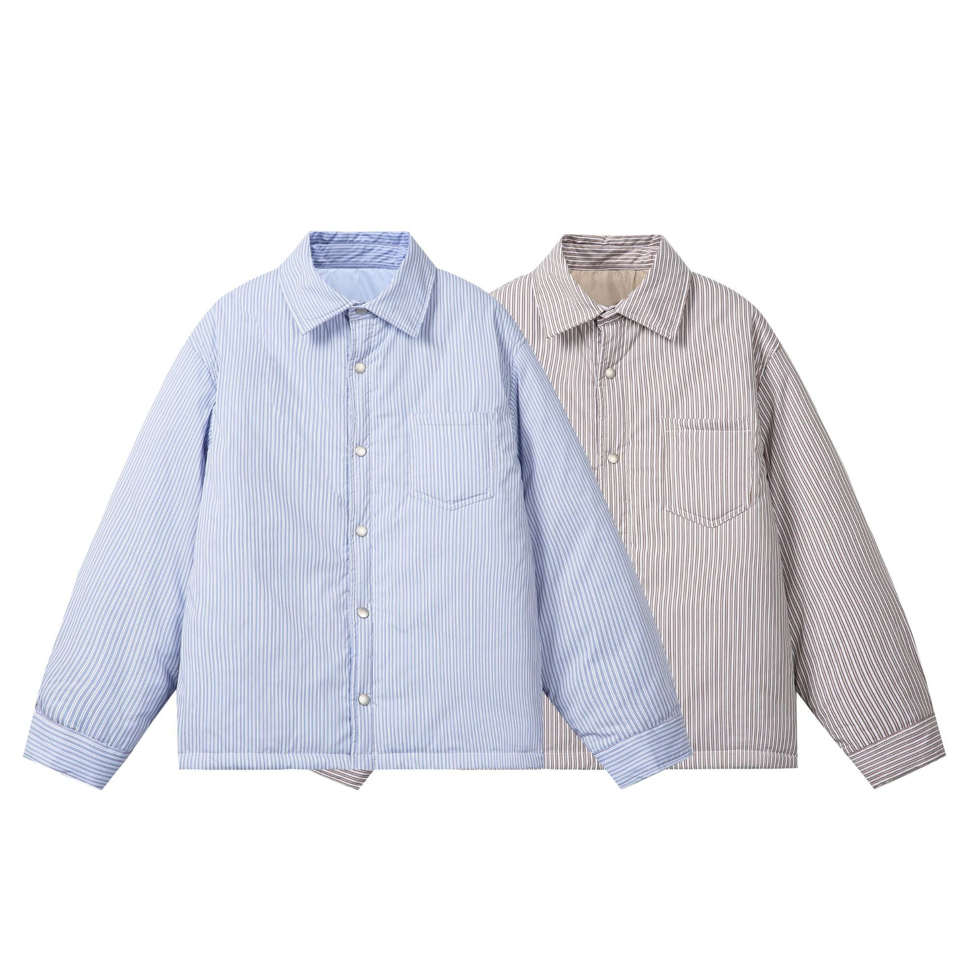 Unisex Striped Boxy Shirt Jacket with Snap Button Placket and Chest Pocket Chichicherry