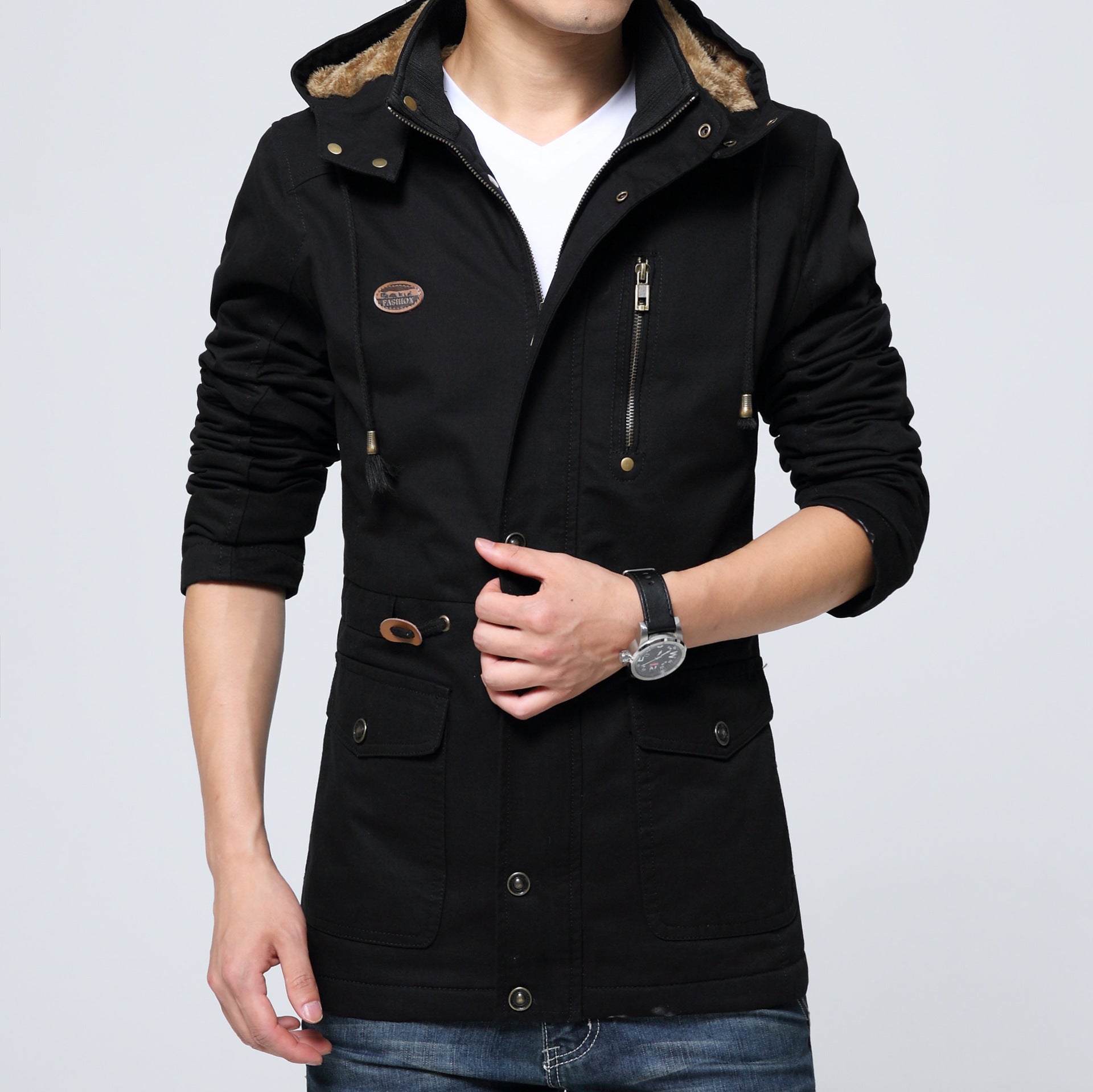 Men's lightweight utility parka with hood, teddy lining in collar and vertical zip pocket Chichicherry