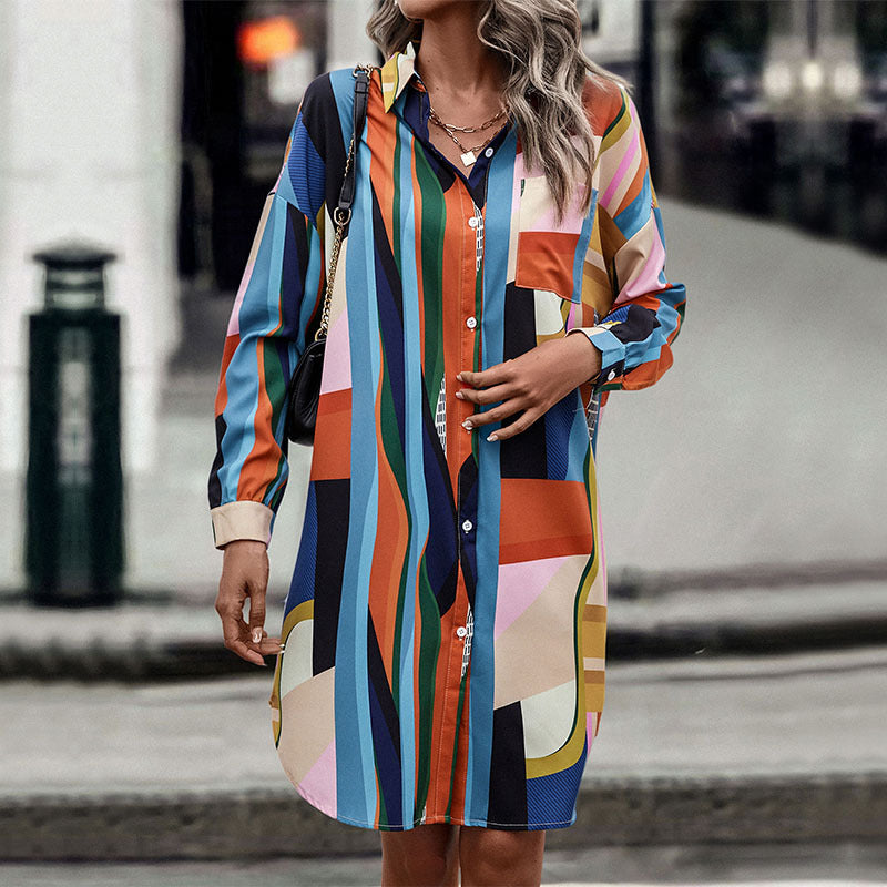 Women's shirt dress with graphic block stripes, fitted belt & continuous button placket Chichicherry