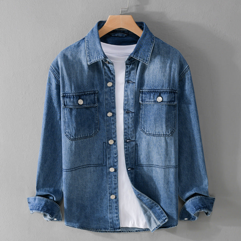 Men's Denim Utility Shirt Jacket with Chest Pockets and Casual Fit Chichicherry