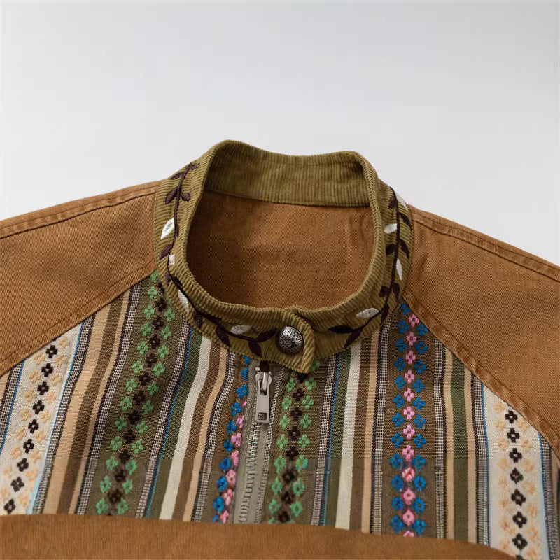 Women's Short Canvas Blouson with Woven Ethno Striped Front and Flap Pockets Chichicherry