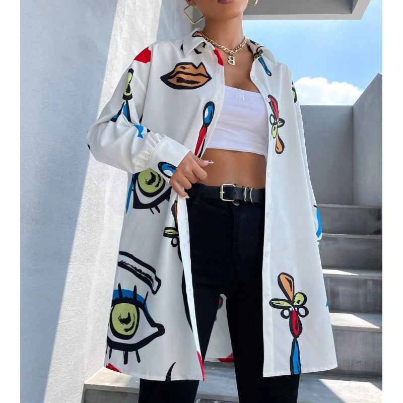 Women's Oversized Long Blouse with Pop Art Print, Shirt Collar and Continuous Button Placket Chichicherry