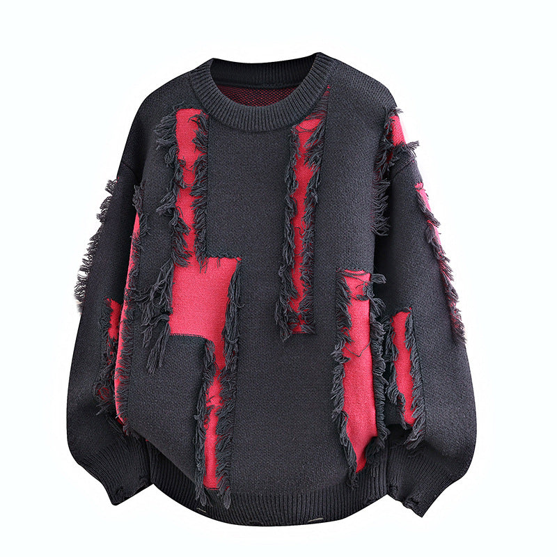 Men's Oversized Knit Sweater with Fringe Applications and Balloon Sleeves Chichicherry