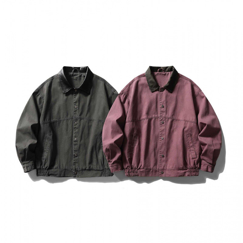 Unisex Boxy Overshirt Jacket made of Cotton Canvas with Corduroy Collar, Snap Button Placket and Elastic Hem Chichicherry