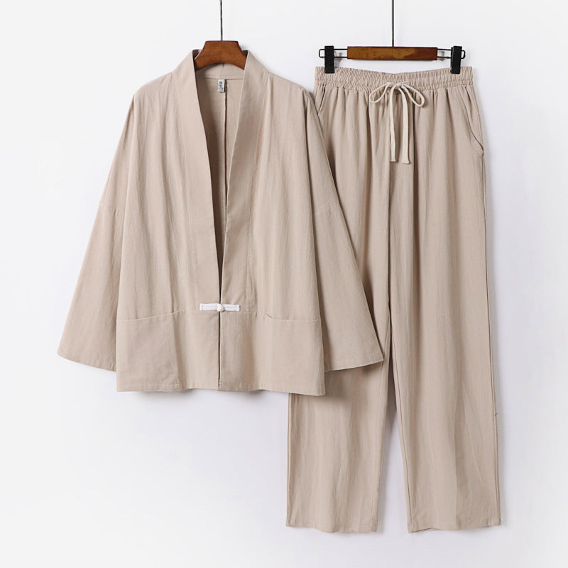 Men's Zen-inspired kimono loungewear set made of lightweight cotton blend with open cut and drawstring pants Chichicherry