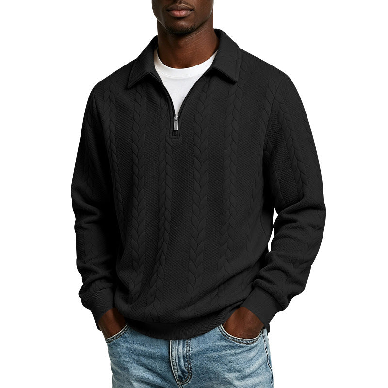 Men's cotton blend polo sweater with short front zip and cable knit pattern Chichicherry