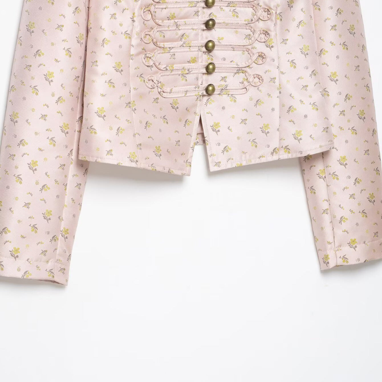Women Cropped Satin Military Jacket with Stand-Up Collar and Decorative Frog Closure Chichicherry