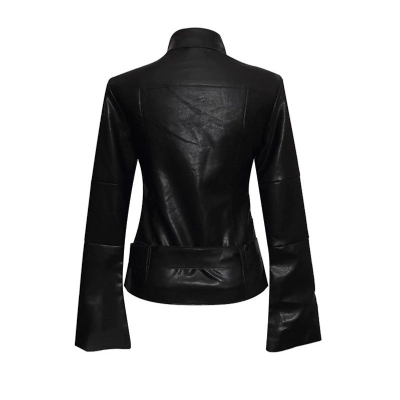 Women's Faux Leather Bondage Jacket with Extended Sleeves, Double Zippers and Waist Belt Chichicherry