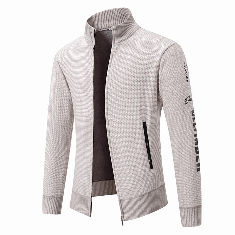Men's Structured Knit Zip Jacket with Waffle Texture, Stand Collar and Zipper Pockets Chichicherry