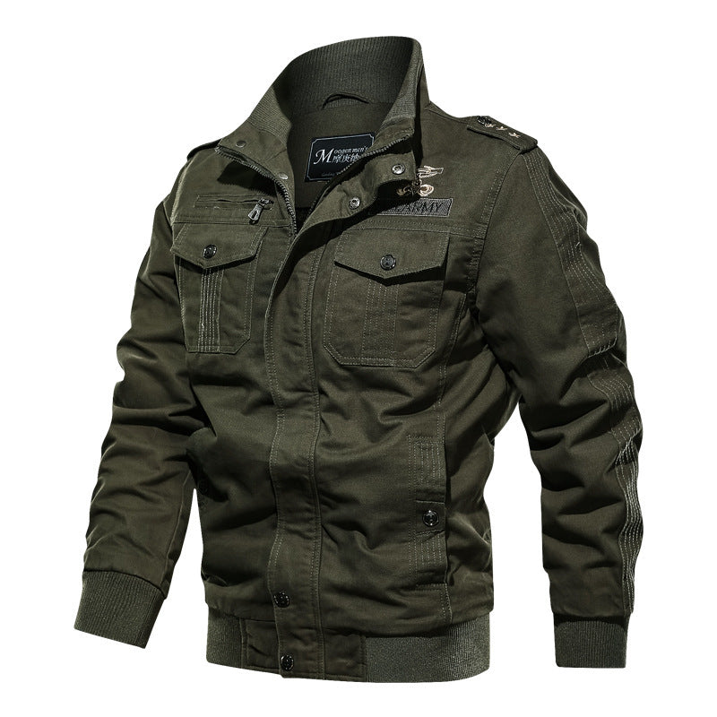Men's Military-Inspired Canvas Field Jacket with Epaulettes, Chest Flap Pockets and Ribbed Cuffs Chichicherry