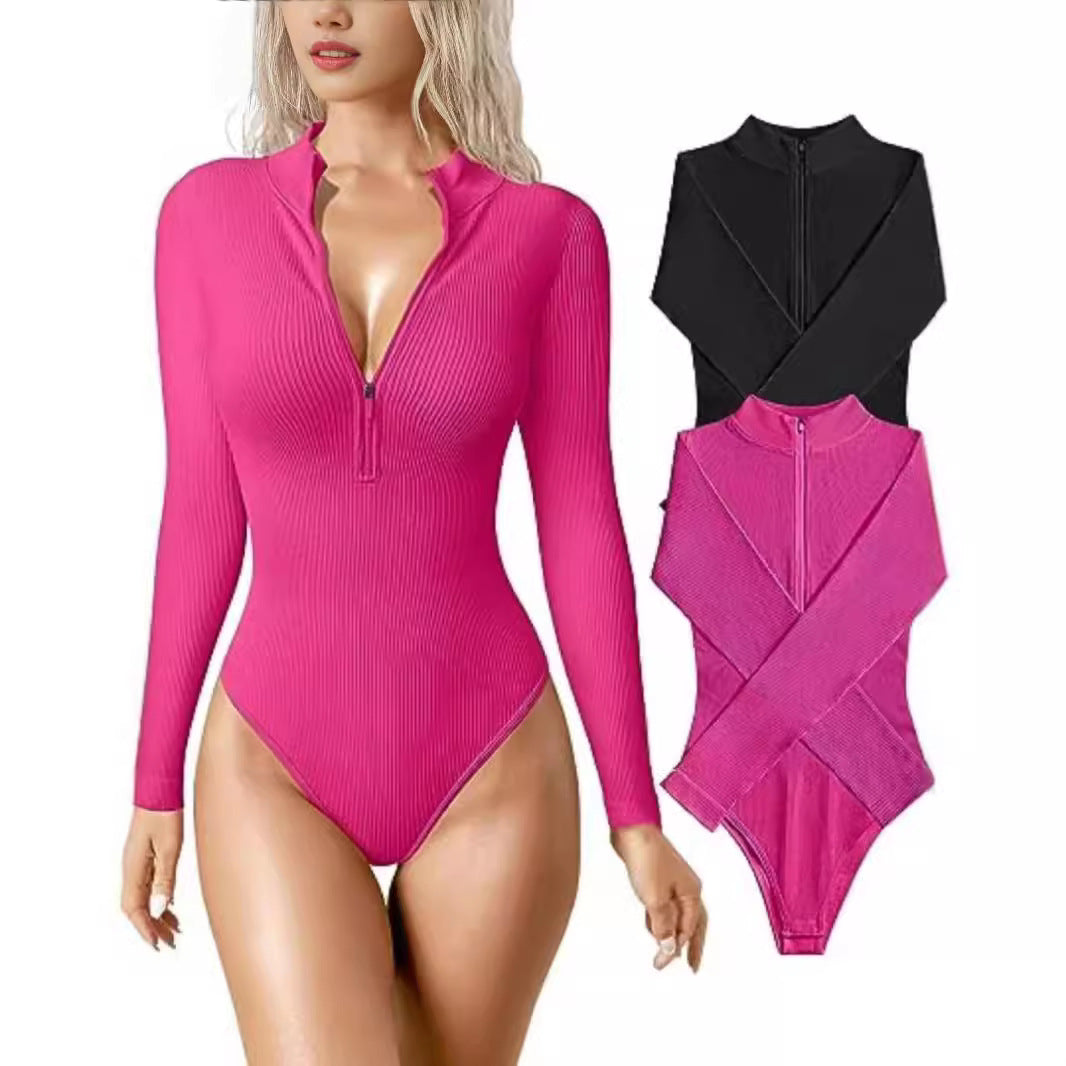 Damen Enganliegendes Rippstrick-Longsleeve mit Halbzip und Stehkragen Chichicherry