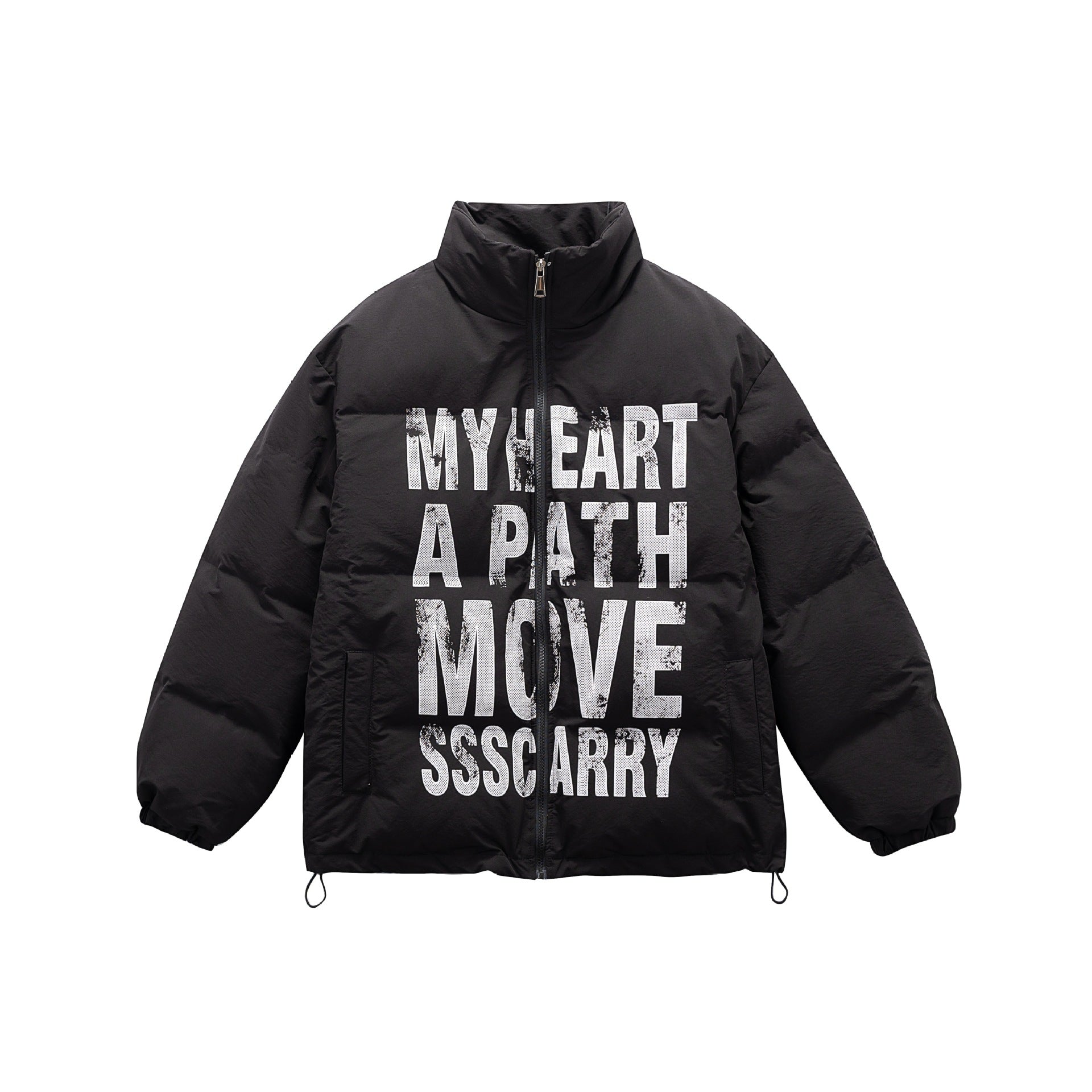 Unisex Oversized Padded Jacket with High Stand Collar and Statement Print Chichicherry